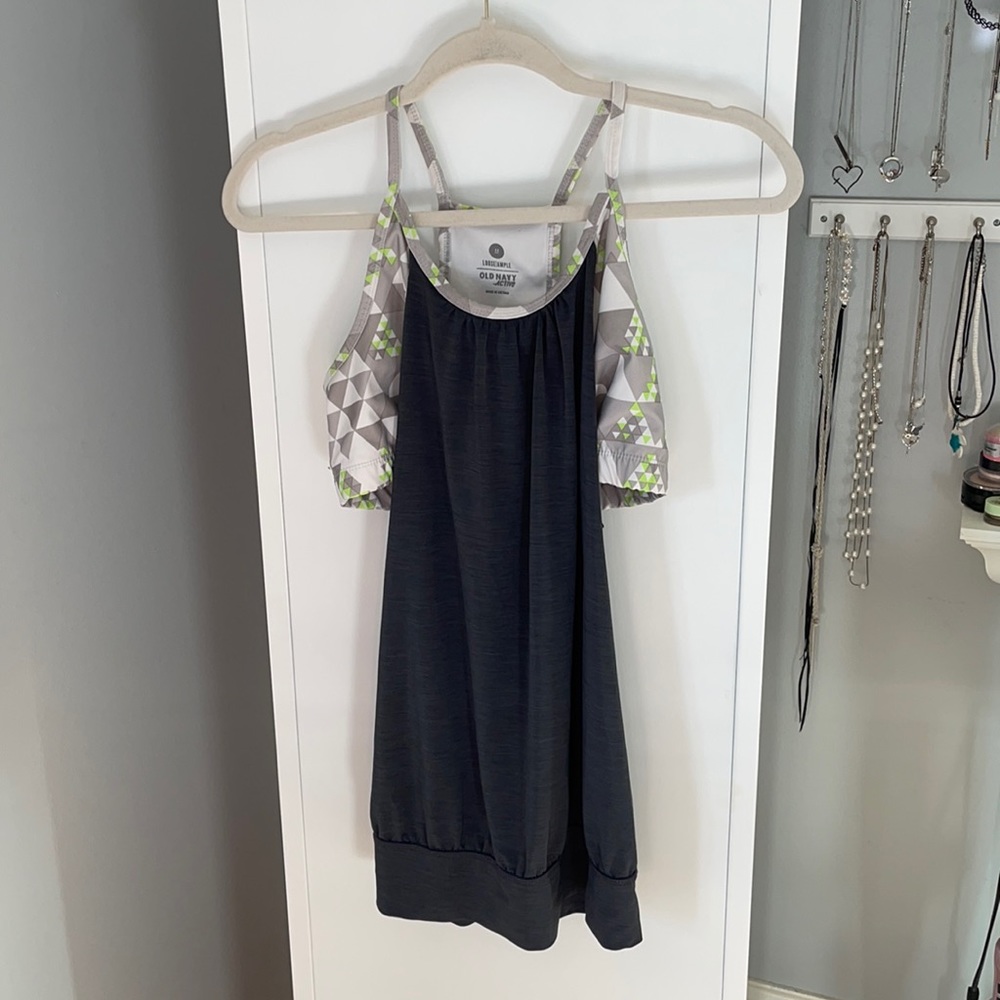 Loose grey, green, and white exercise tank top. Size medium from old navy.